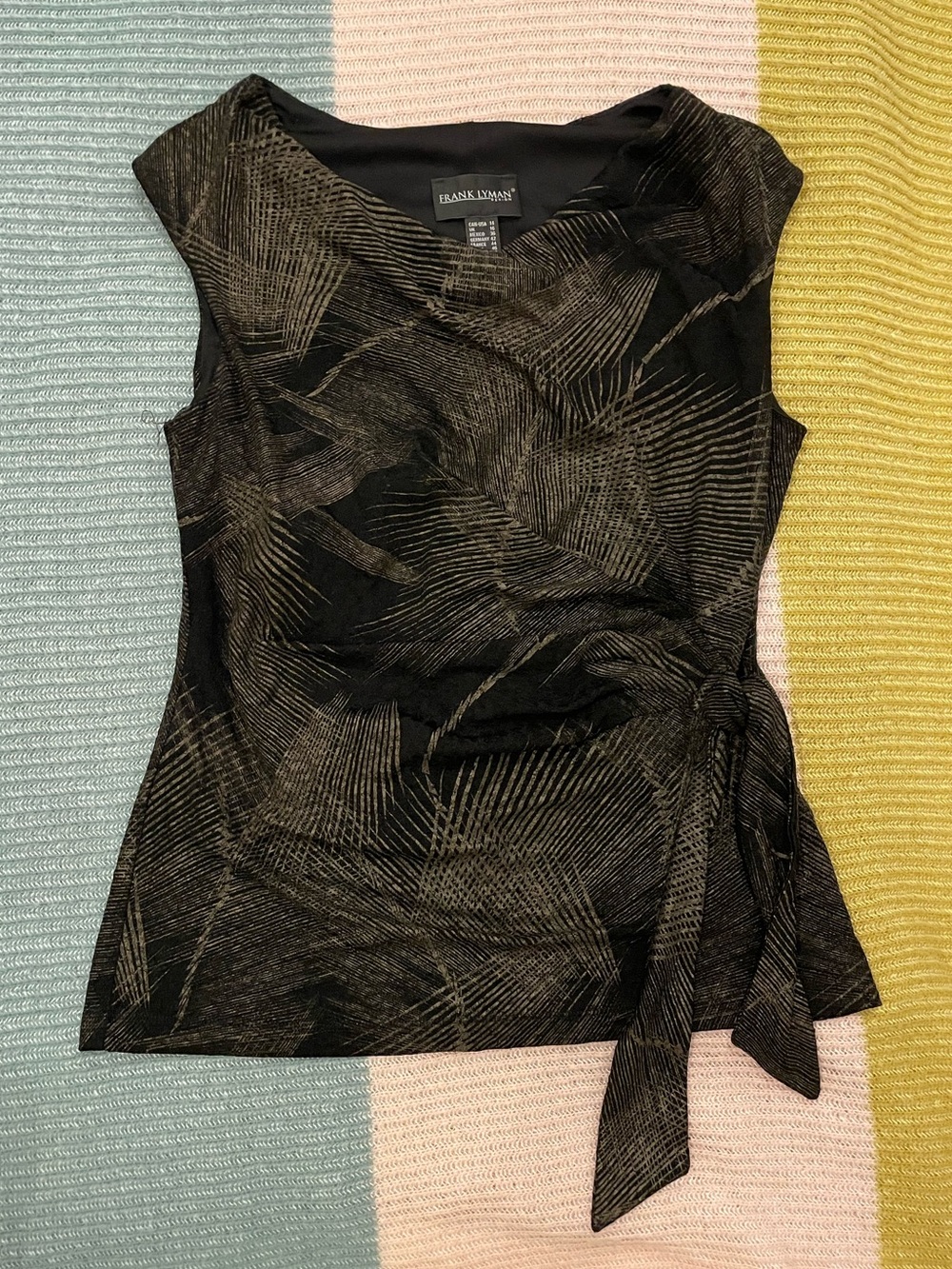 Frank Lyman Design Black Top with Metallic Gold Palm-Print and Side Tie